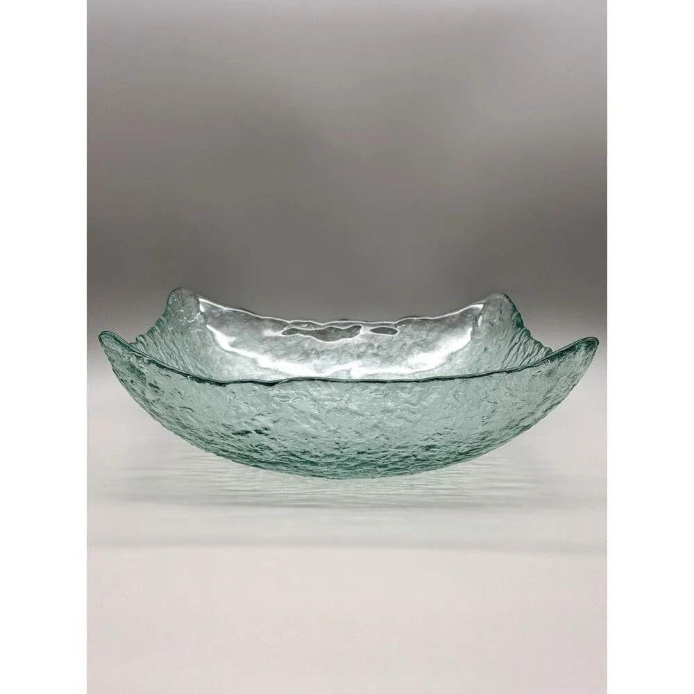 VTG San Miguel Style Recycled Ice Glass Square Bowl Pale Aqua Green Bark 12” MCM
